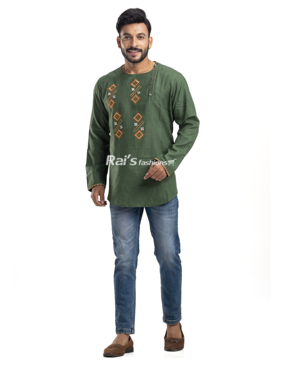 Hunter Green Khadi Cotton Men Short Kurta With Embroidery Work (KRP3) Hunter Green Khadi Cotton Men Short Kurta With Embroidery Work (KRP3)